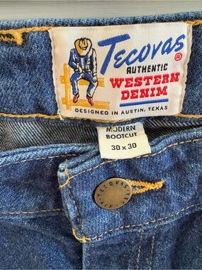 Tecovas Men's Denim Bootcut Jeans in Blue with Gold Stitching